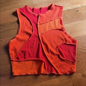 SHEIN Orange & Red Patchwork Ribbed Crop Top